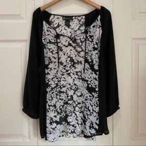 Lane Bryant Black White Sheer Blouse Tie Neck